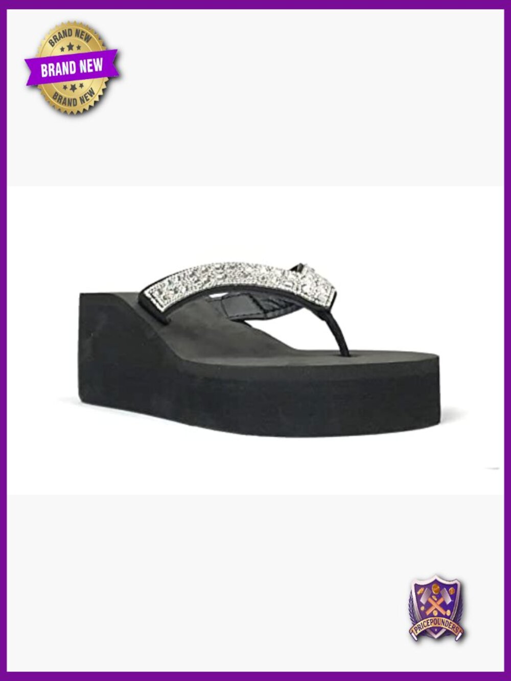 Rhinestone Wedge Sandals T-Strap Platform Flip Flops - Picture 2 of 5